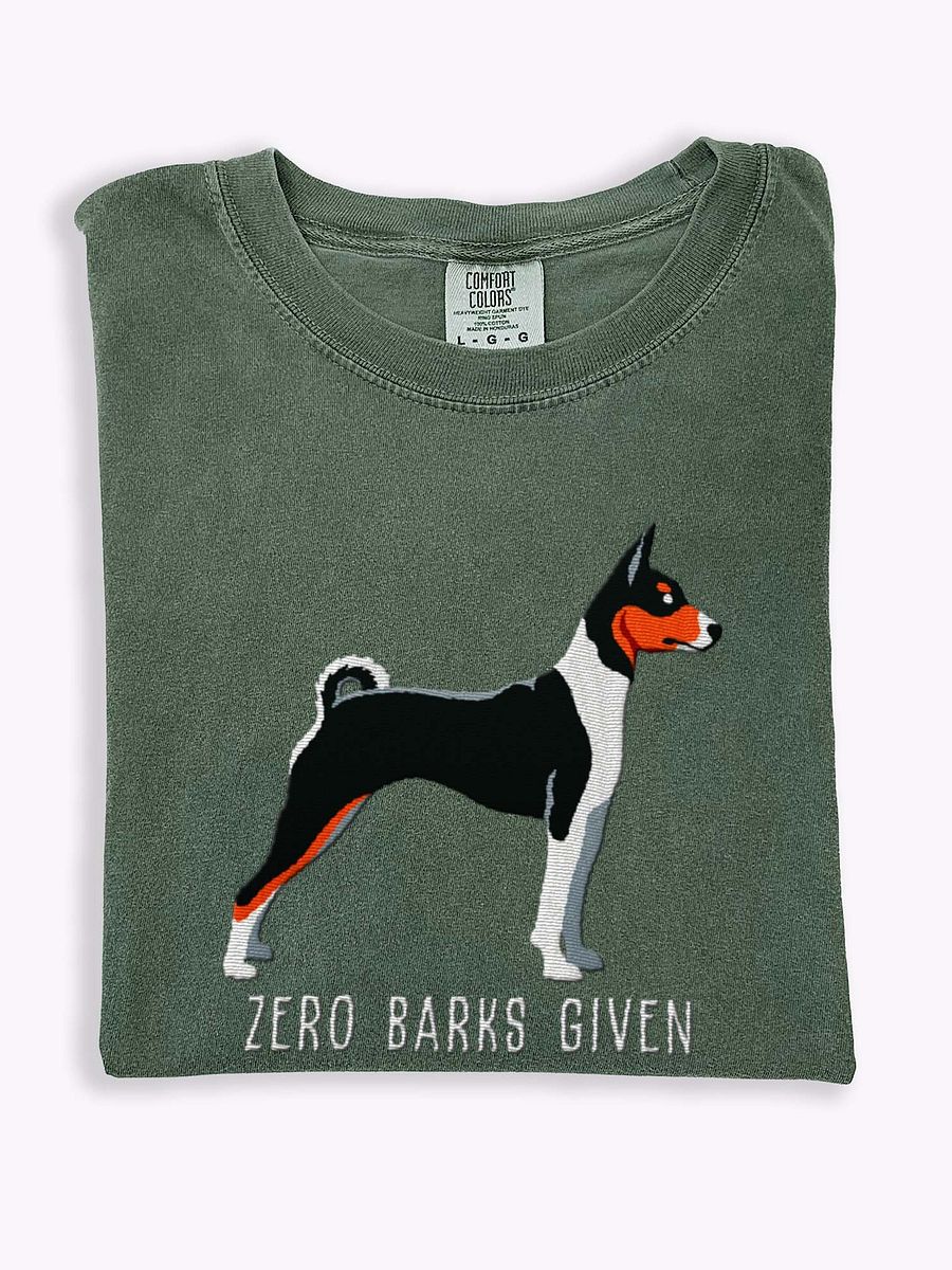 Zero Barks Given T-Shirt(Embroidered) of a Basenji(Tricolor) product image (1)