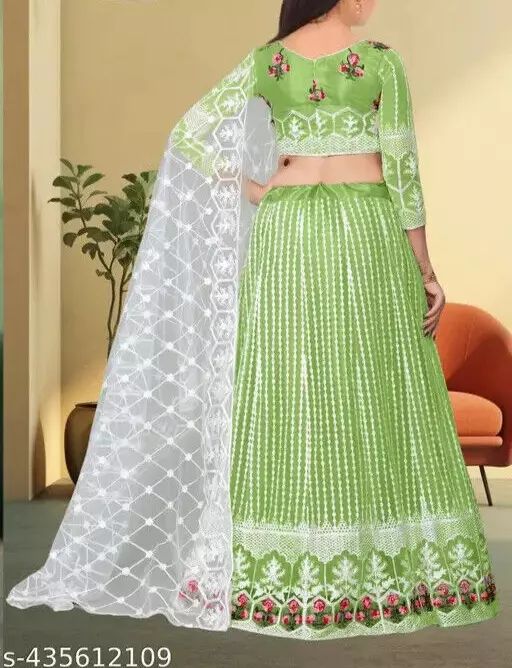 Indian Traditional Net Party Wear Semi Stitched Lehenga Choli For Girls - Green product image (3)