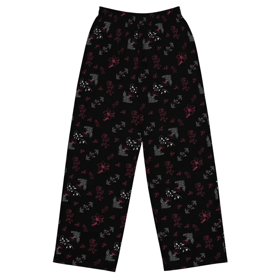 Magenta and White Flowers on Black Unisex Wide-Leg Pants product image (4)