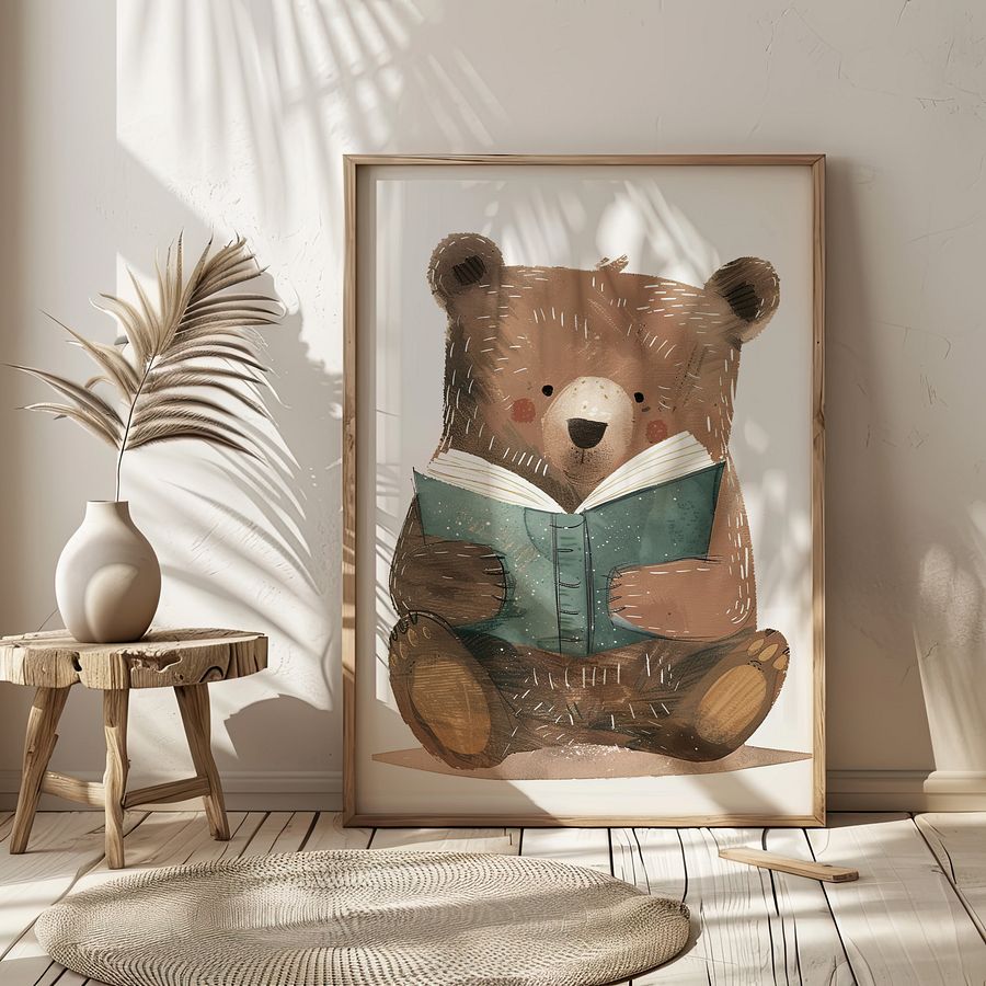 Cute Bear Reading a Book Watercolor Nursery Art Print product image (3)