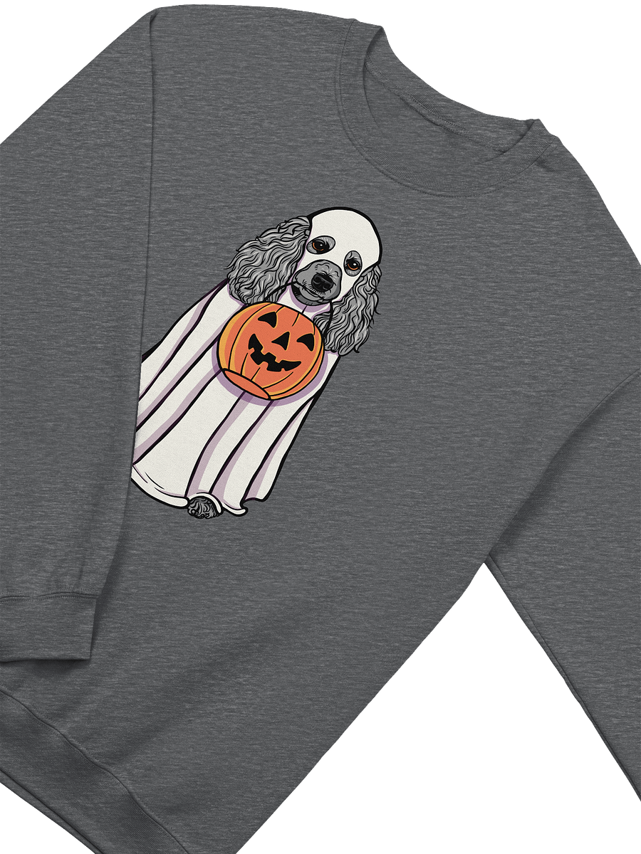 Funny Halloween Poodle(Silver) Sweatshirt | Funny Papillon Wearing a Ghost Costume and Holding a Pumpkin Basket product image (8)