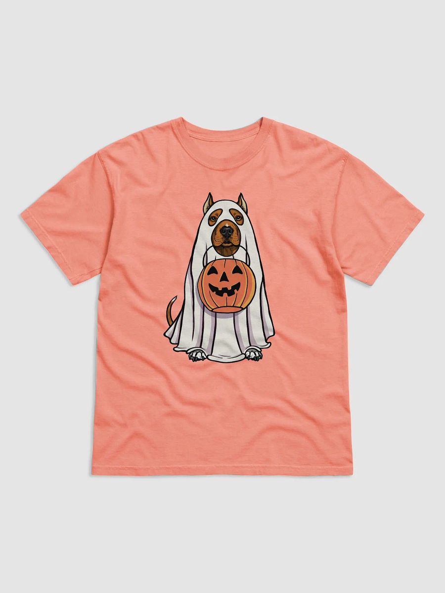 Funny Halloween Pitbull Terrier(Cropped Ears, Red) T-Shirt | Funny Pittie Wearing a Ghost Costume and Holding a Pumpkin Basket product image (22)