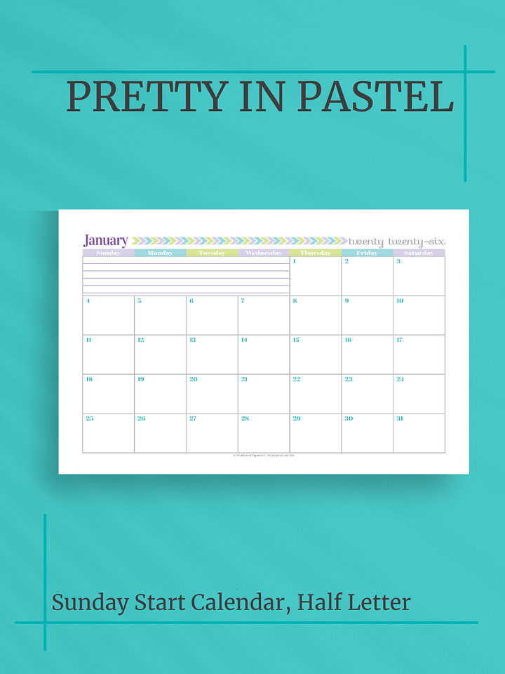 Pretty in Pastel 2026 Calendar - Single Page per Month, Sunday Start, Half Letter Size product image (1)