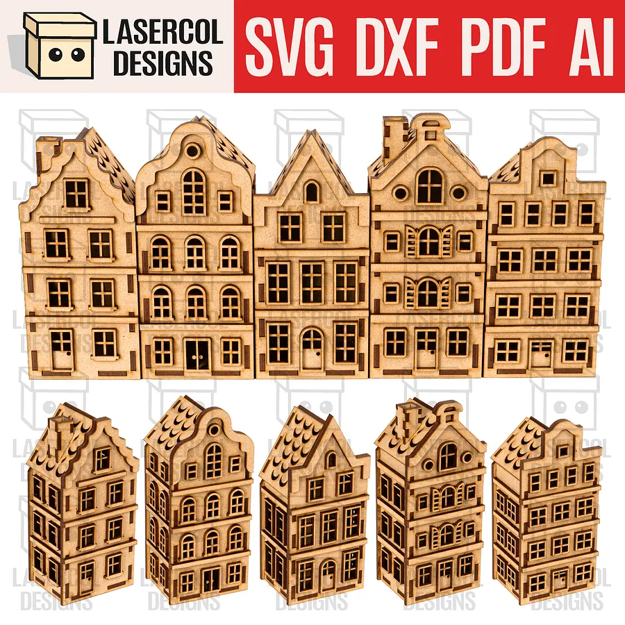 Christmas Houses Set 1 (5 Styles) - Laser Cut Files product image (1)