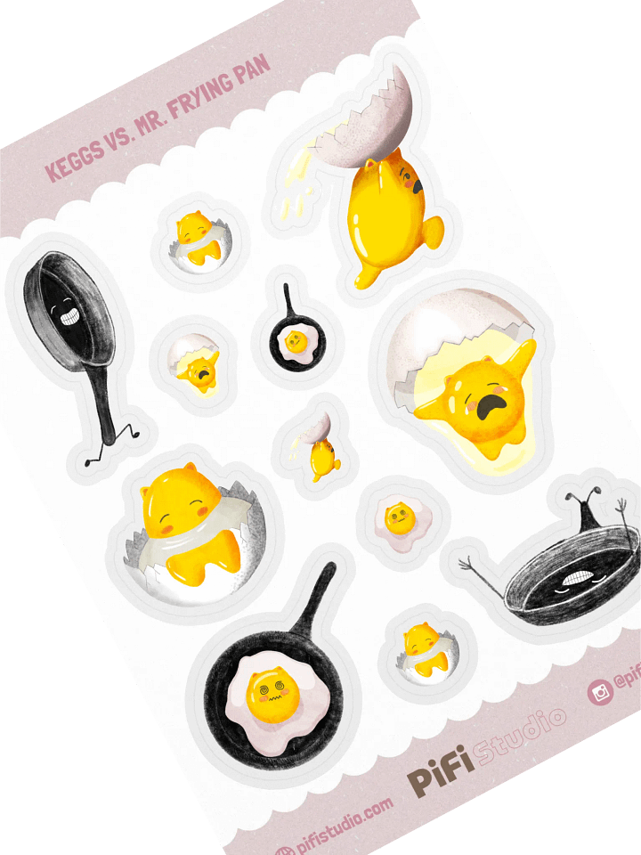 Funny Egg Sticker Sheet – Keggs vs. Mr. Frying Pan | Cute Vinyl Stickers for Journals, Water Bottles & Gifts product image (1)