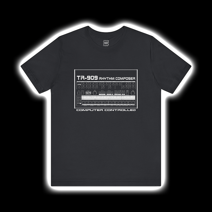 TR-909 T-Shirt - Roland 909 Rhythm Composer Drum Machine by Vintage Voltage (WHITE PRINT) product image (1)