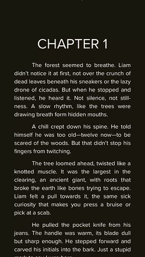 Here is the first chapter of Blood Sap a short story about a boy who carved his initials into a tree and the tree carved back...