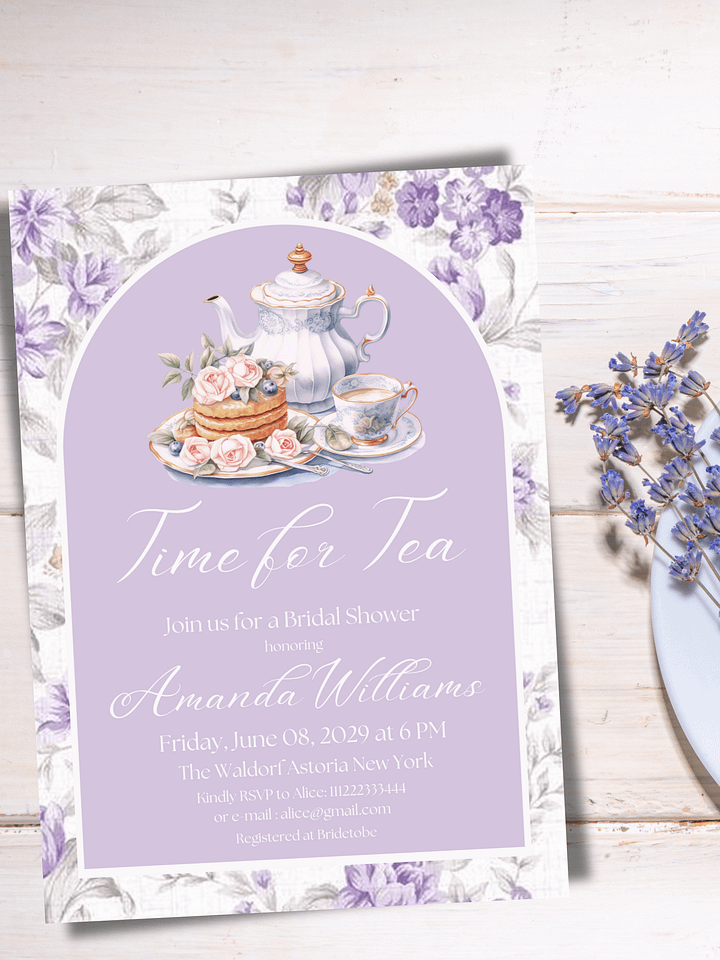 Tea Party Bridal Shower Canva Template Invite, Floral Purple Theme Printable Time for Tea Lavender Brunch Invitation | Digital Prints product image (1)