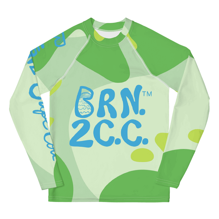 YOUTH | Rash Guard | BRN.2C.C.™ Front Graphic | BOURNE to Cape Cod™ Sleeve & Back Logo | Coastal Swim Shirt for Kids | UV Protection Activewear | Blue Logo on Green Abstract product image (1)