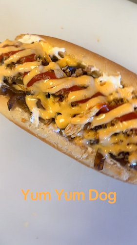 Say hello to the Yum Yum Dog!  Beef dog with cream cheese, caramelized onions, sriracha, fried shallots and yum yum sauce! #y...