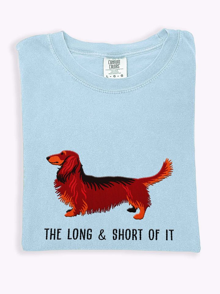 The Long & Short of It T-Shirt(Embroidered) of a Longhaired Dachshund(Red & Tan) product image (1)