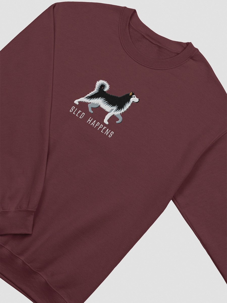 Sled Happens Sweatshirt (Embroidered) of an Alaskan Malamute(Black & White) product image (14)
