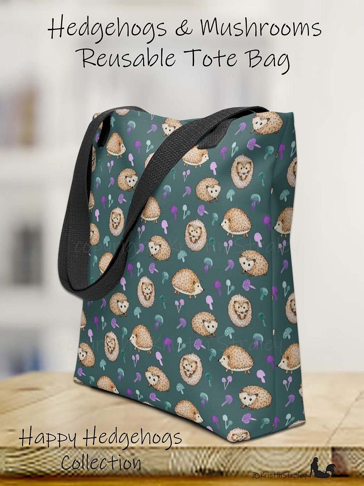 Hedgehogs and Mushrooms on Dark Teal Tote Bag product image (1)
