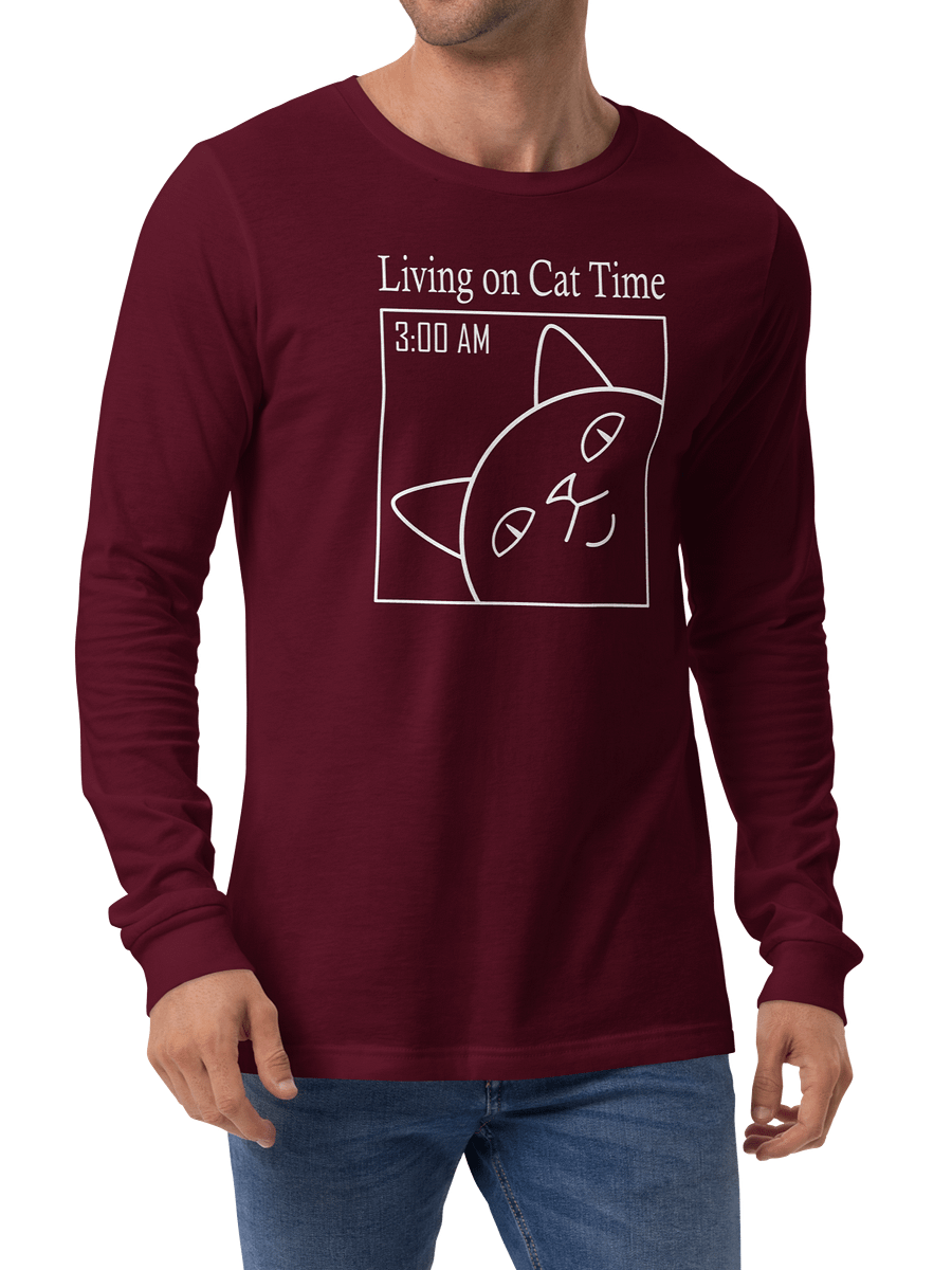 Living on Cat Time Unisex Long Sleeve Tee, White Print product image (4)