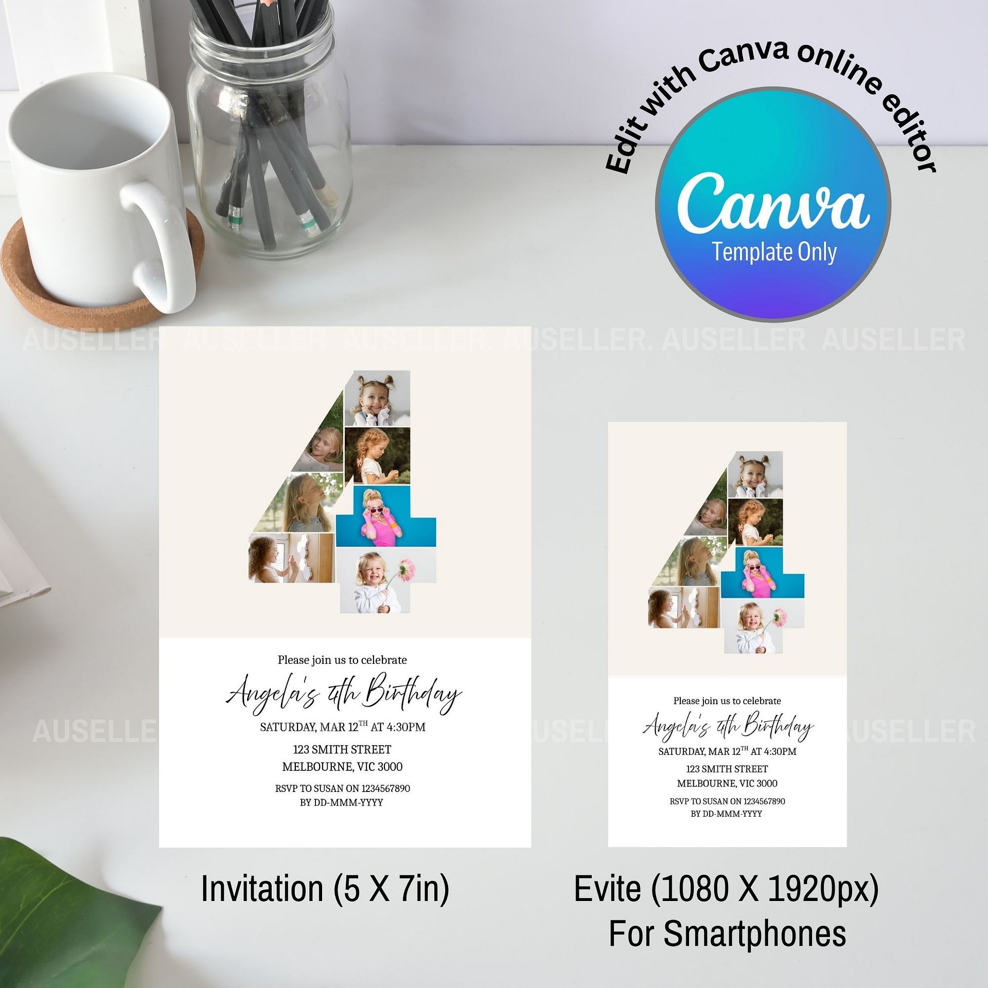 4th Birthday Photo Collage Editable Invitation Template product image (4)