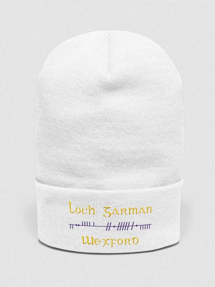 Wexford/Loch Garman, Scholastic style Ogham, white with purple and yellow, embroidered Cuffed Beanie product image (1)