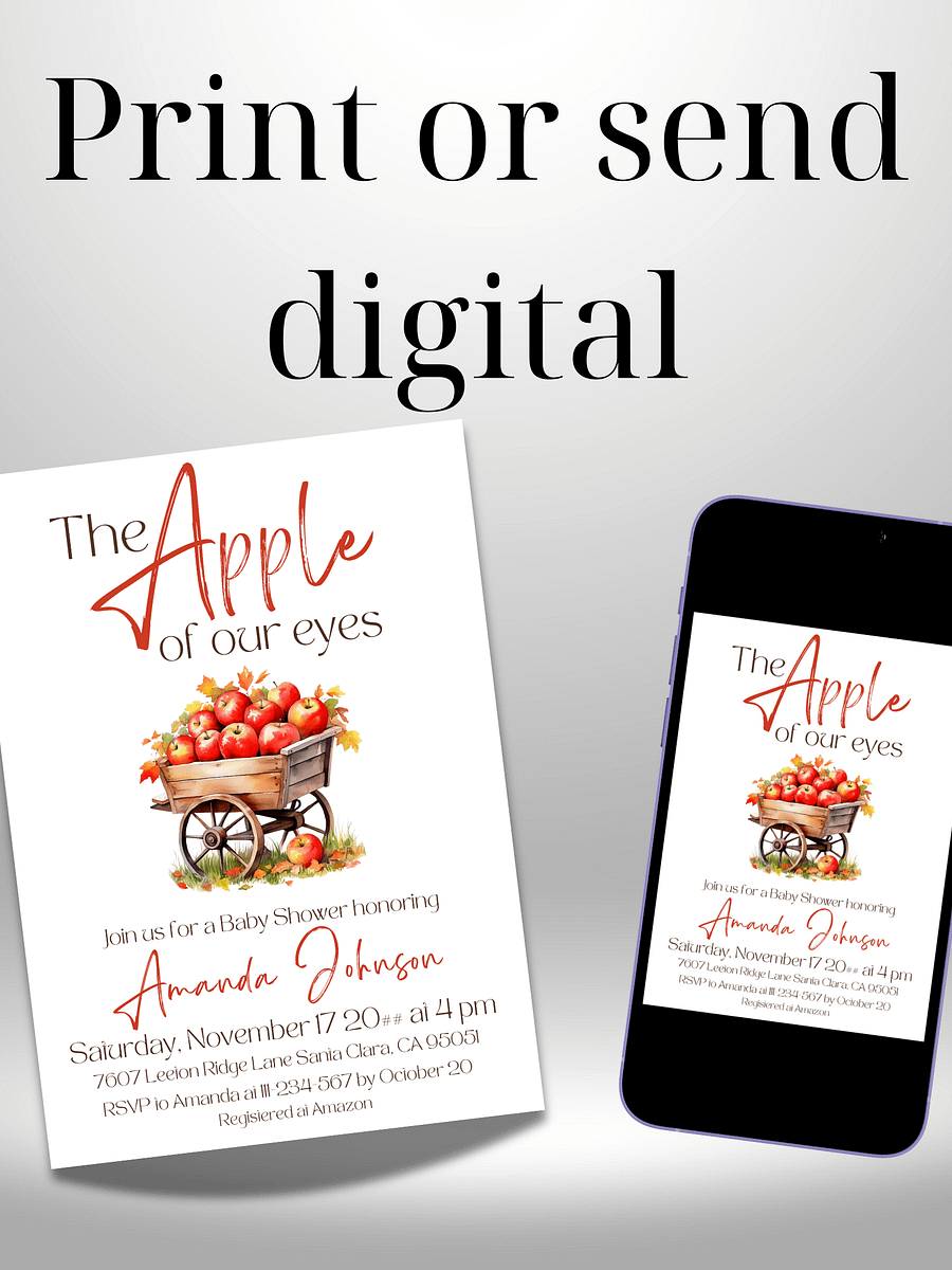 Apple Baby Shower Invitation - Fall Harvest Watercolor Apple of Our Eyes Party Invite, Digital Download Canva Template product image (8)