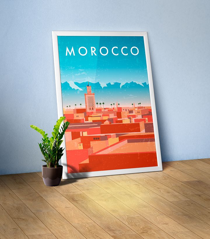 Morocco, Marrakesh — Retro travel minimalist poster, retro travel art, retro travel wall art, vector art product image (1)