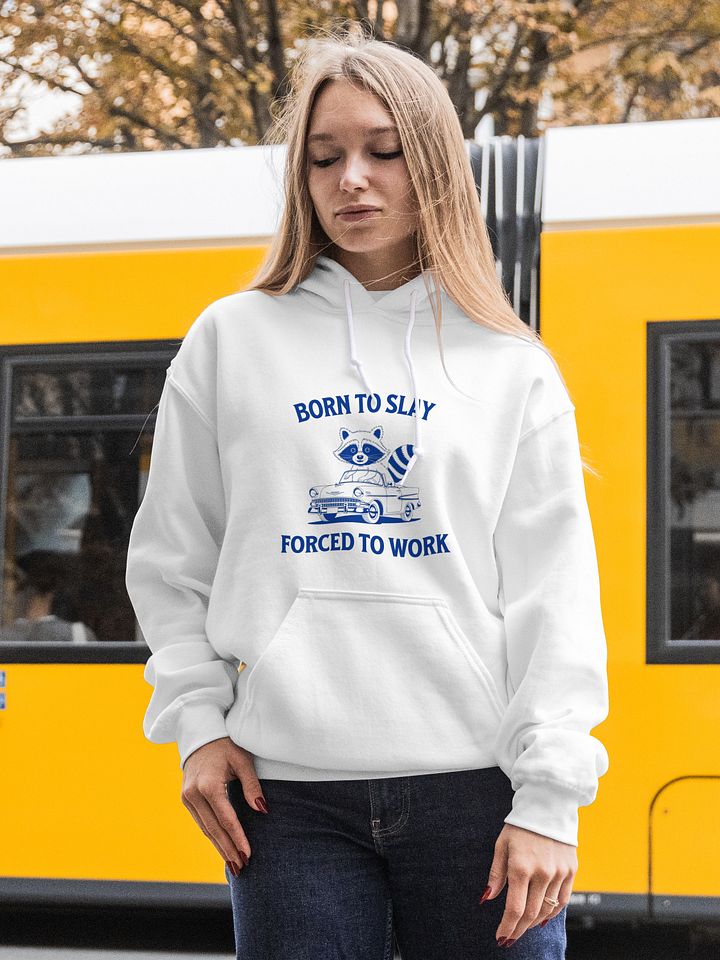 Funny Raccoon Hoodie - „Born To Slay Forced To Work”, Vintage Graphic Hoodie product image (1)