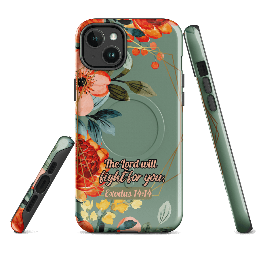 The Lord will Fight for You Exodus 14:14, Inspirational Gift, Tough iPhone Magnetic Case Scripture, Sunflower Bible Verse, MagSafe® iPhone® Tough Case, iPhone 14, iPhone 15, iPhone 16, Pro, Pro Max, P product image (1)