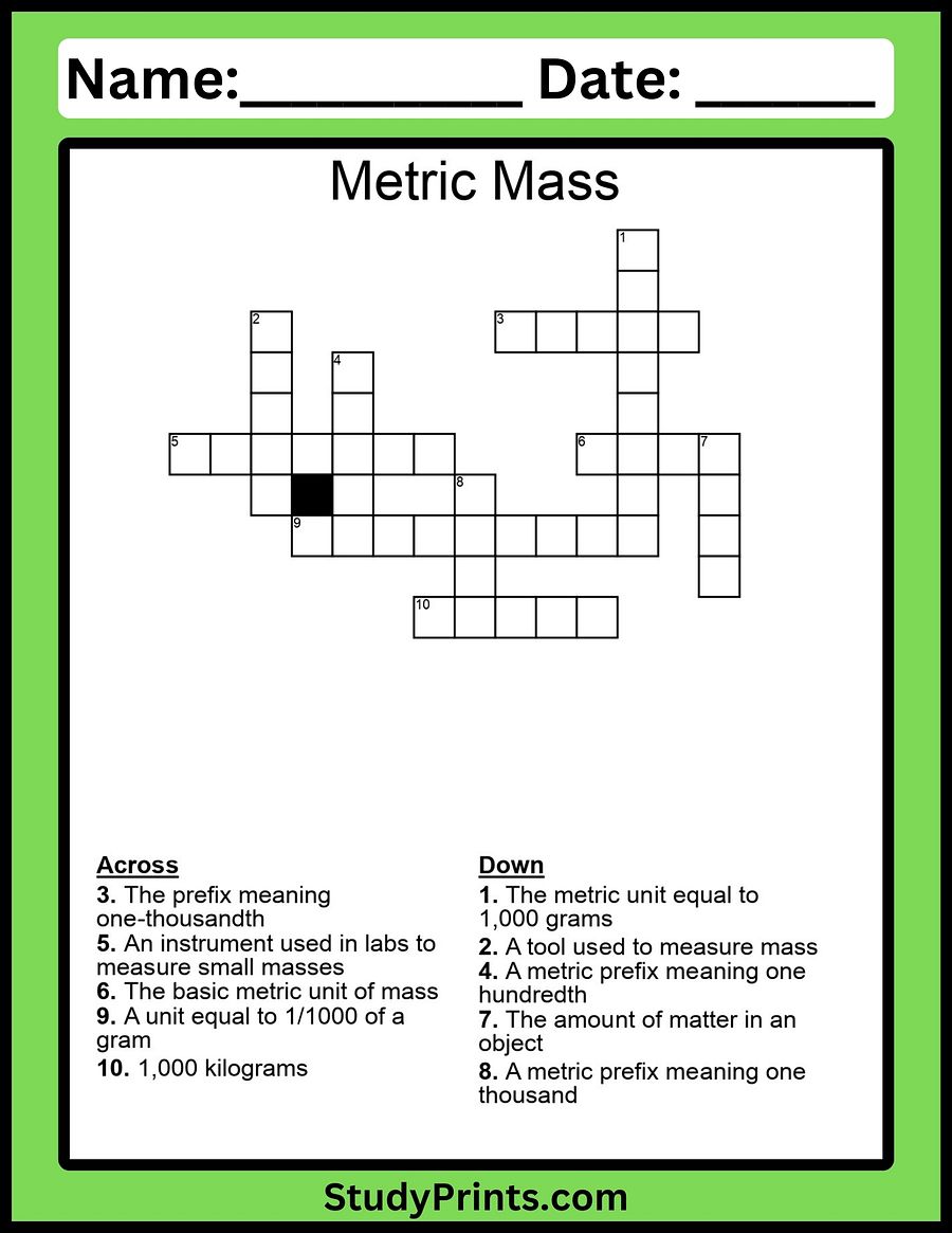 Metric Mass Crossword Puzzle Worksheet product image (1)