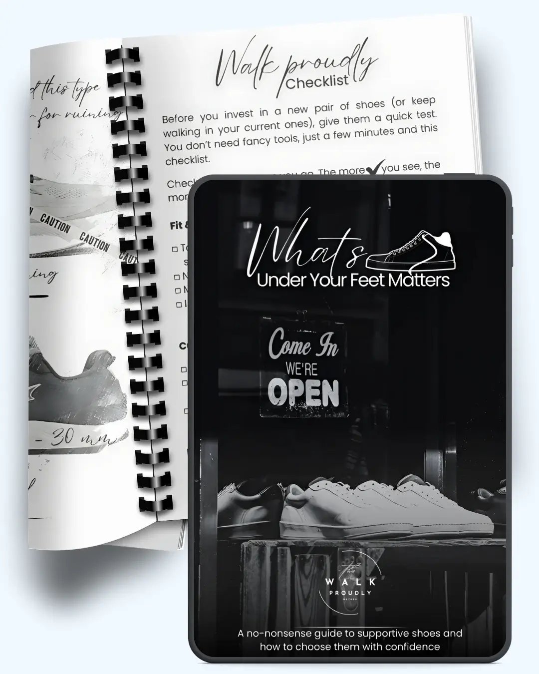 Cover of the eBook ‘What’s Under Your Feet Matters’ by Walk Proudly, a practical guide by Youcefi Soufiane teaching men how everyday surfaces and shoes affect plantar fasciitis recovery.