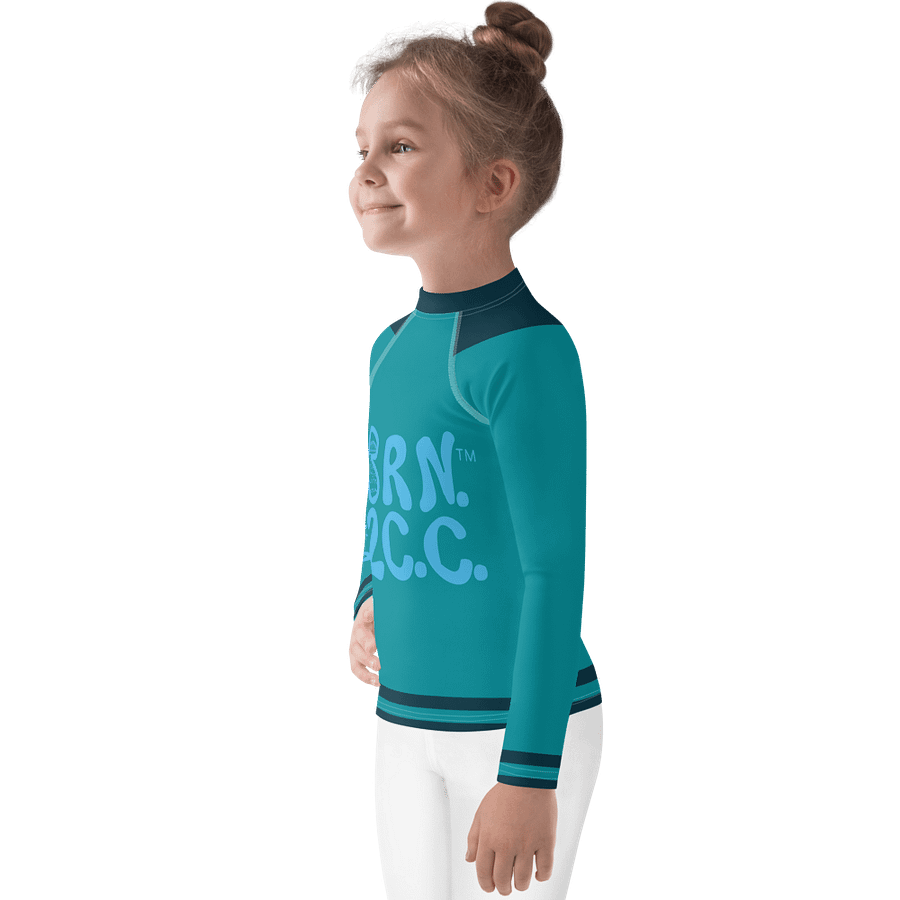 Girls' | Little KIDS | Rash Guard | BRN.2C.C.™ Front Print | BOURNE to Cape Cod™ Back & Sleeve Logo | Coastal UV Shirt for Active Kids | Slim Fit Swim Top | Blue Logo on Blue Stripes product image (3)
