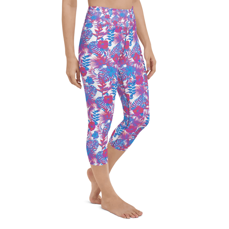 Yoga capri  leggings blue and pink colors tropical leaves design. Perfect for holiday vibes product image (3)