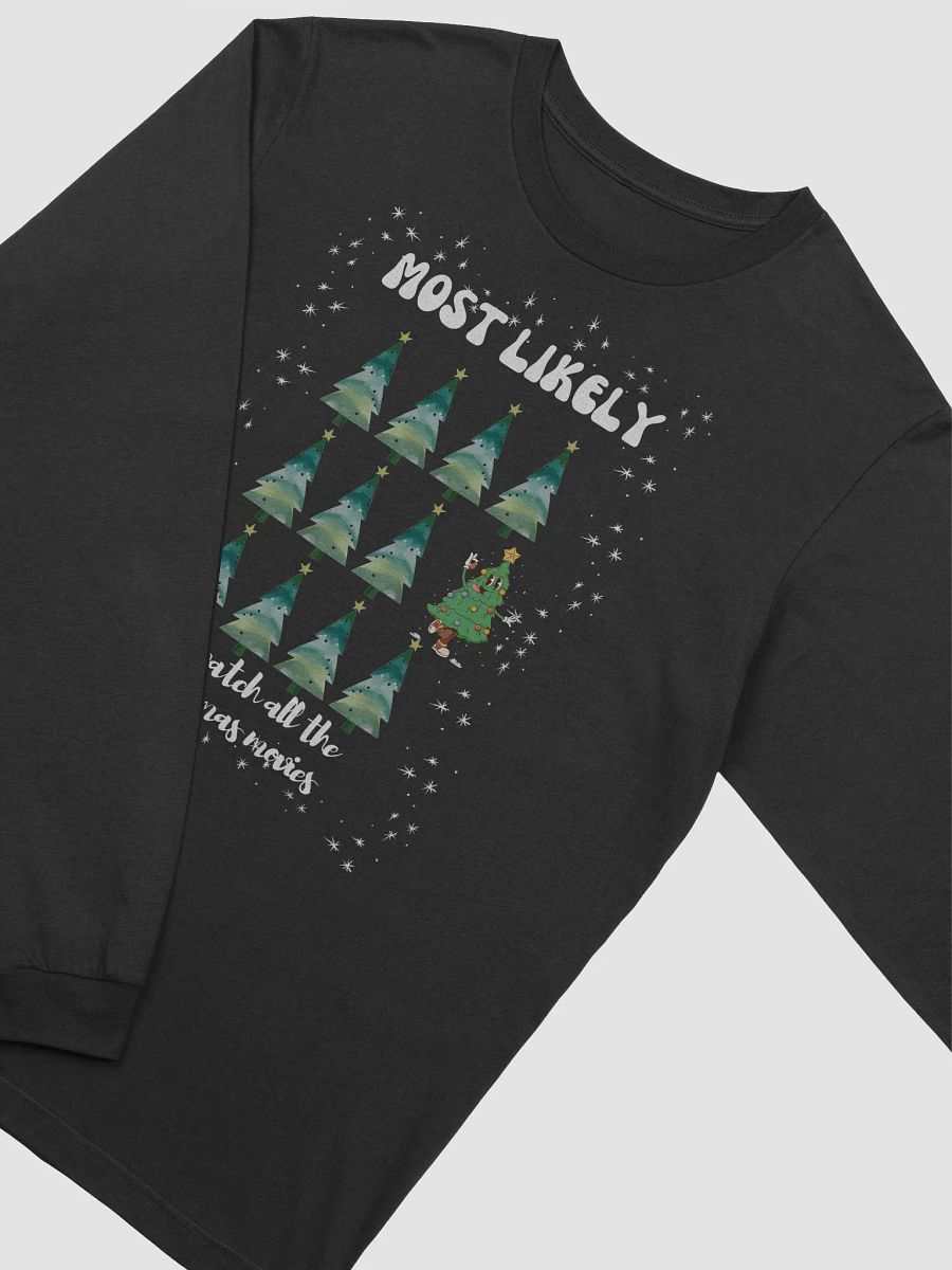 Cheerful Retro Christmas Tree Cartoon Character "Most Likely to Watch All the Christmas Movies" Long Sleeve Tee product image (21)