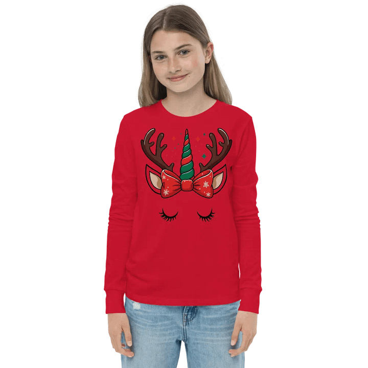 Whimsical Reindeer Unicorn Youth Long Sleeve Tee Red product image (1)