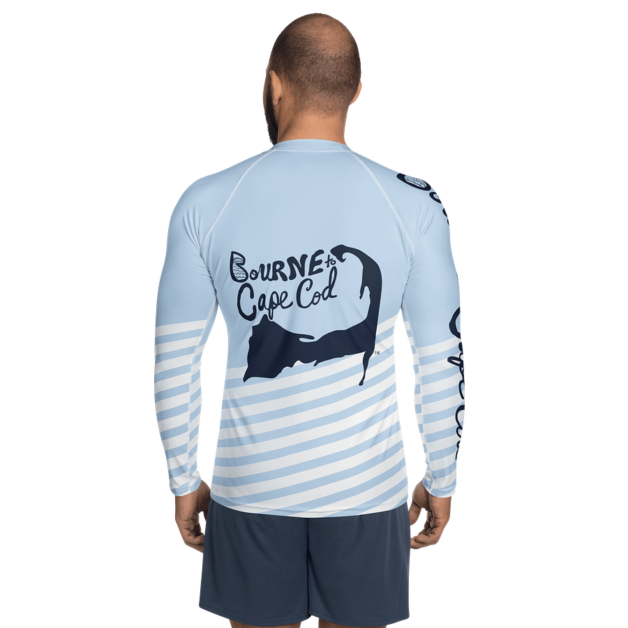 BRN.2C.C.™ /BOURNE to Cape Cod™ | Men’s Long Sleeve Rash Guard | UPF 50+ Active Coastal Shirt | Navy Blue Logos on Skyline Stirpes product image (4)