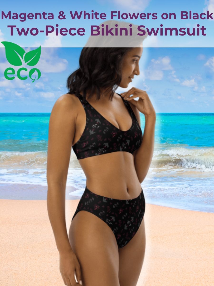 Magenta & White Flowers on Black Eco-Green Two-Piece Bikini Swimsuit product image (1)