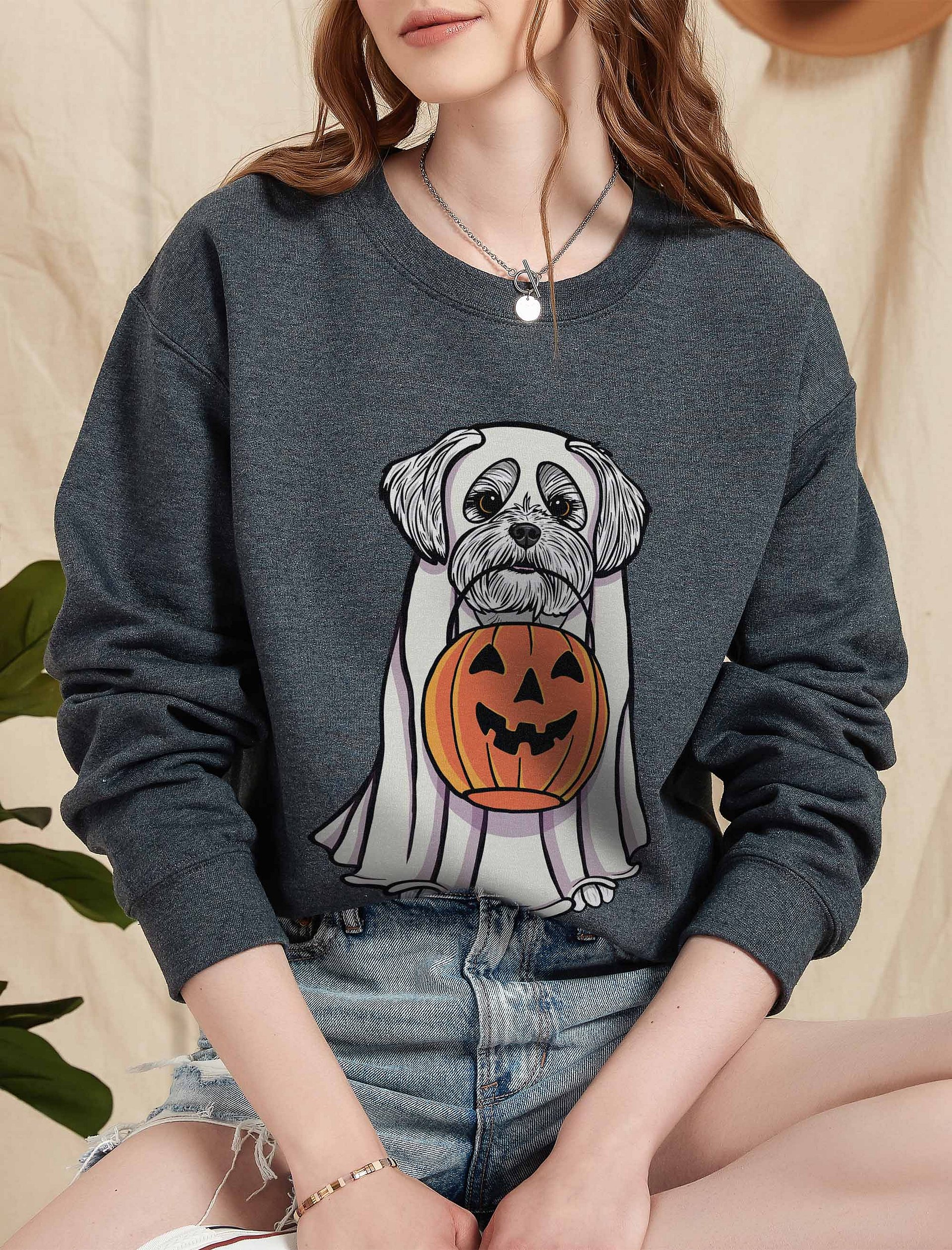 Funny Halloween Maltese Sweatshirt | Funny Maltese Wearing a Ghost Costume and Holding a Pumpkin Basket product image (5)