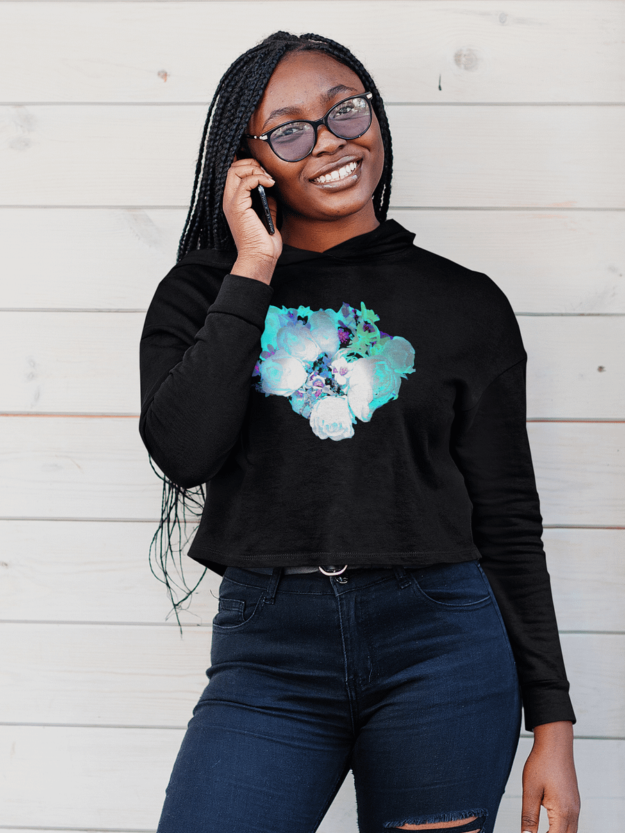 Abstract Blue Green Rose Bouquet Ladies Fleece Cropped Hoodie product image (1)