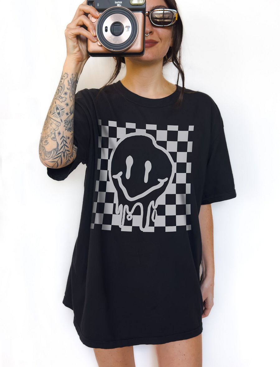 Melting Smiling Face on a Checkerboard | Funny Retro-Style Trendy Smiling Face T-Shirt | Western and Rock Unisex Tee product image (1)