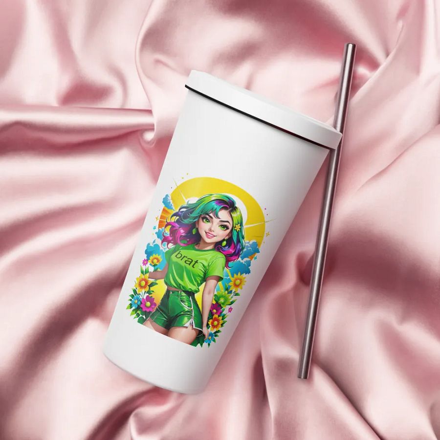 Brat 20 oz Tumbler Cup - White - Insulated Tumbler with a Straw v3 product image (4)