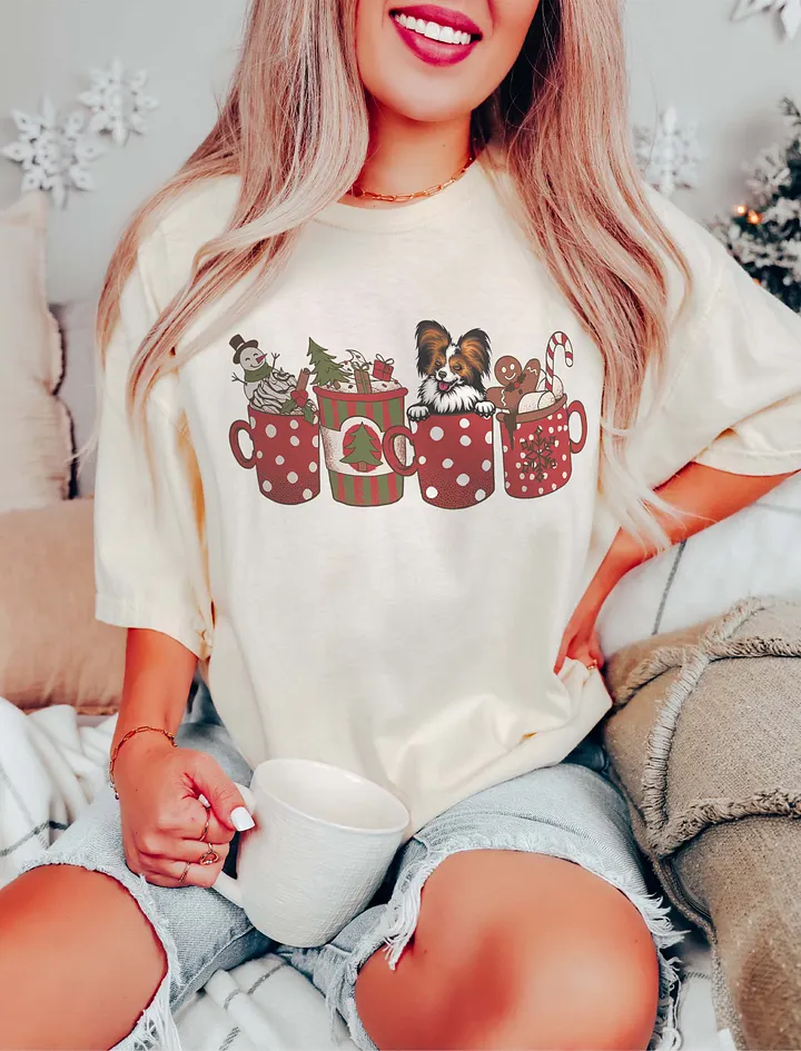 Cute Papillon in a Christmas Cup T-Shirt | Funny Christmas Pup in a Cup product image (11)