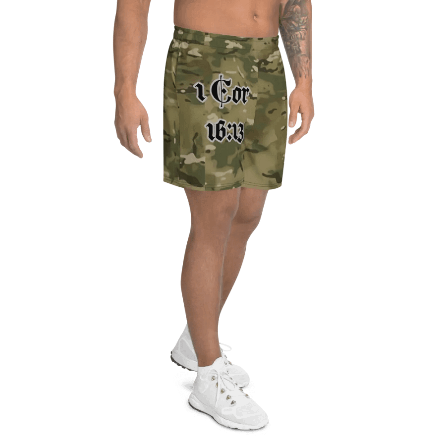 Faithful Camo: 1 Corinthians 16:13 Unisex Athletics Shorts - Multicam product image (8)