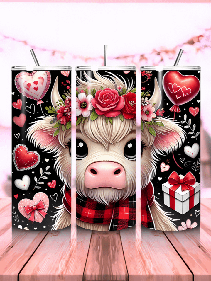 Highland Cow Tumbler Wrap for Valentine's Day – Heart Pattern Sublimation Design – 20oz Skinny PNG Template – Instant Digital Download product image (1)