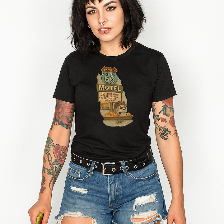 Route 66 Motel Skull T-Shirt – Vintage Día de los Muertos Inspired Graphic Tee | Bella Canvas Unisex product image (2)