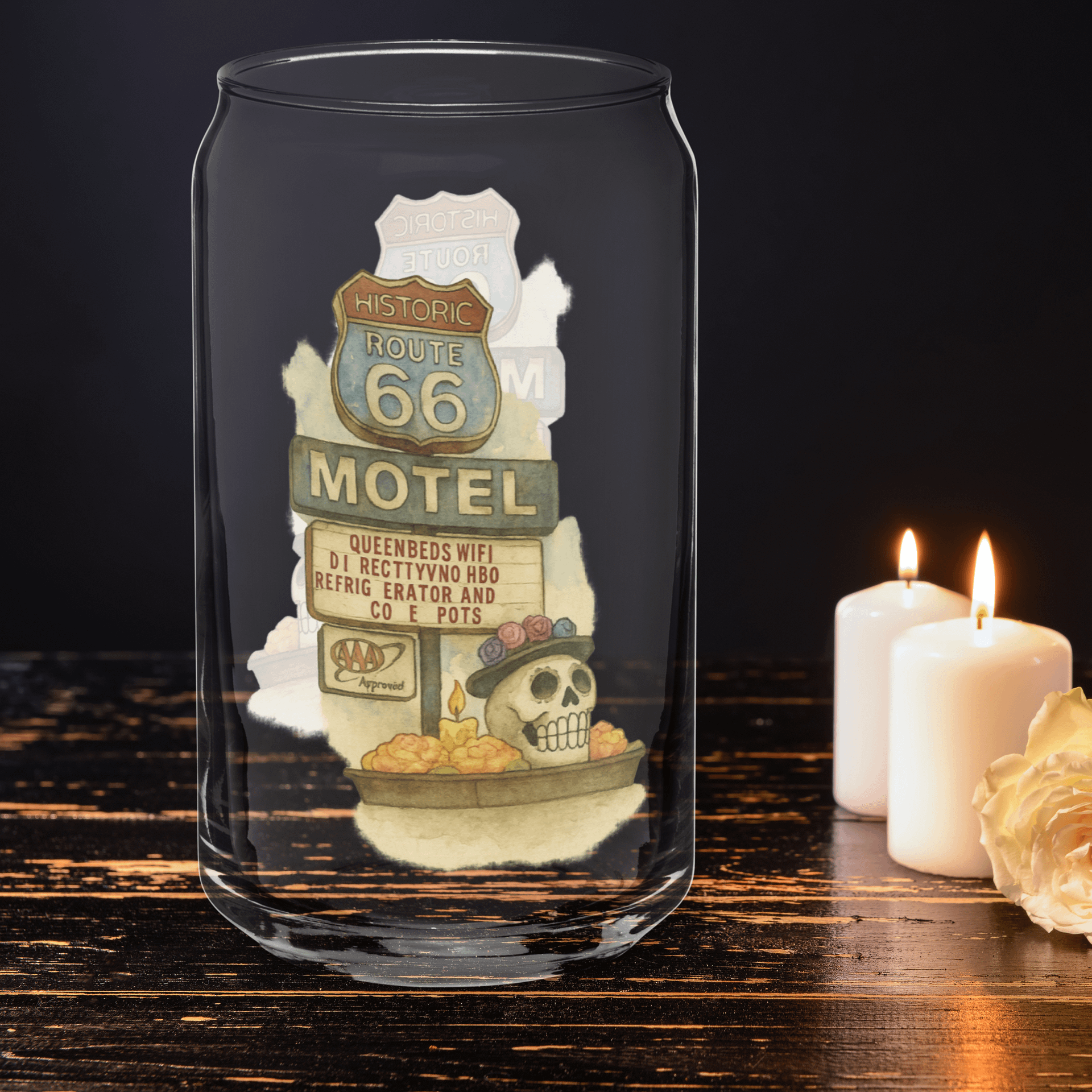 Route 66 Motel Glass – Vintage Skull & Flowers Can-Shaped Pint product image (2)