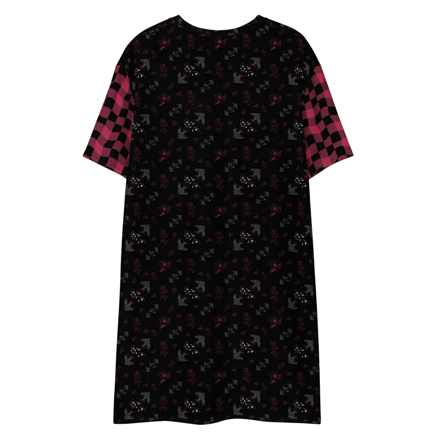 Magenta and White Flowers on Black with Warped Checkered Sleeves Women's T-Shirt Dress product image (4)