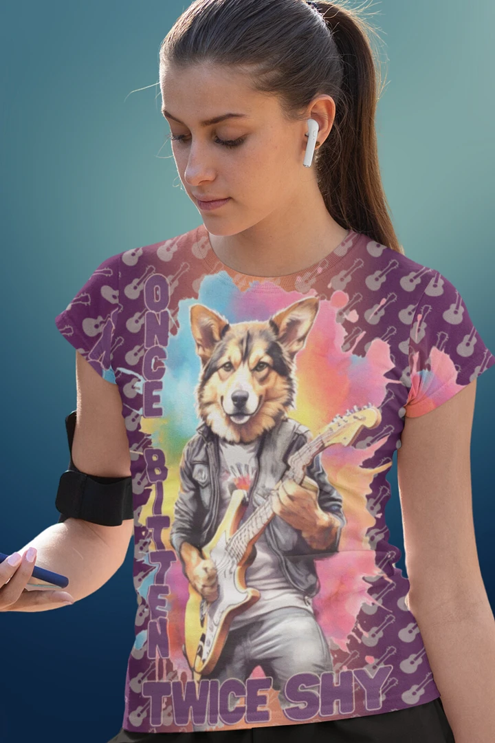 Once Bitten Twice Shy Dog Play Guitar All Over Print T-shirt product image (1)