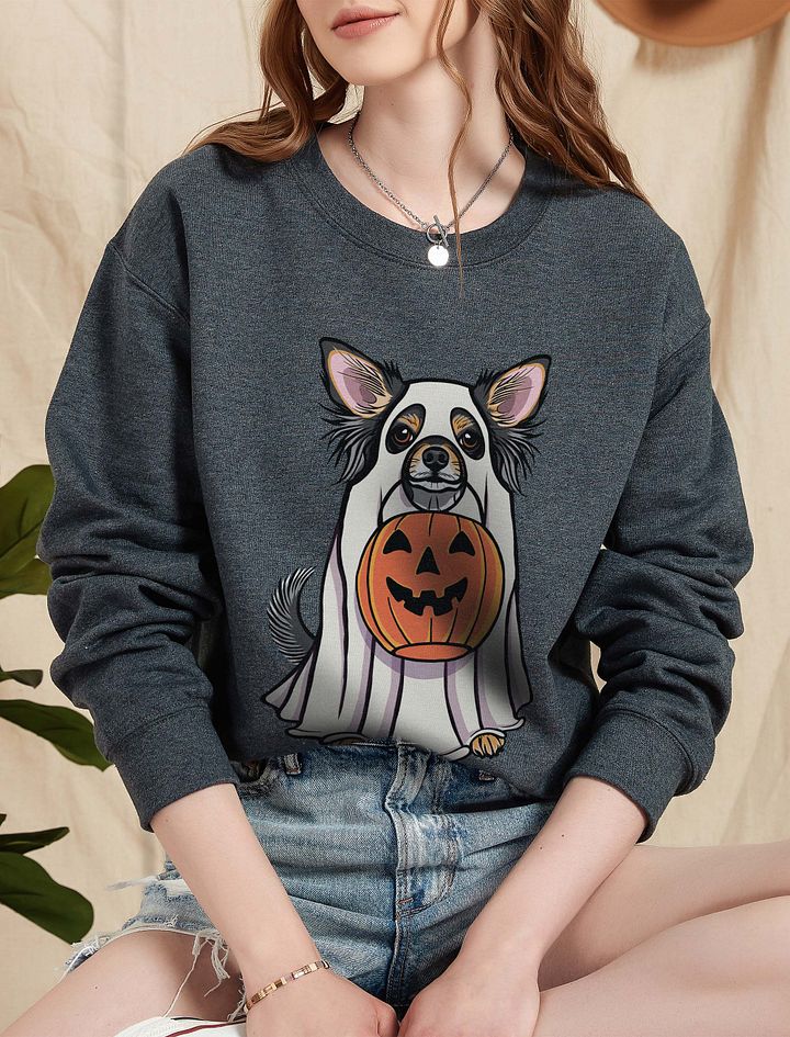 Funny Halloween Longhaired Chihuahua(Tricolor) Sweatshirt | Funny Chihuahua Wearing a Ghost Costume and Holding a Pumpkin Basket product image (1)