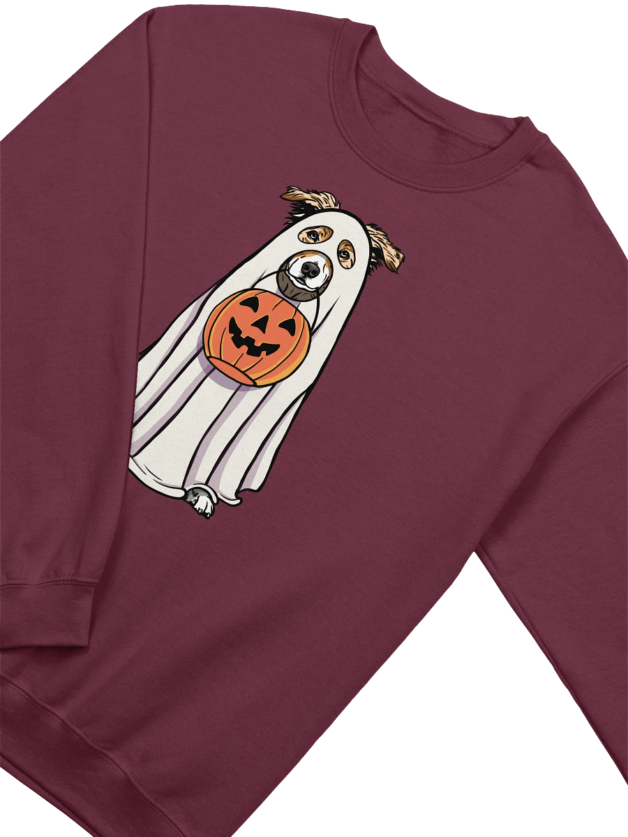 Funny Halloween Australian Shepherd(Red Merle) Sweatshirt | Funny Aussie Wearing a Ghost Costume and Holding a Pumpkin Basket product image (13)