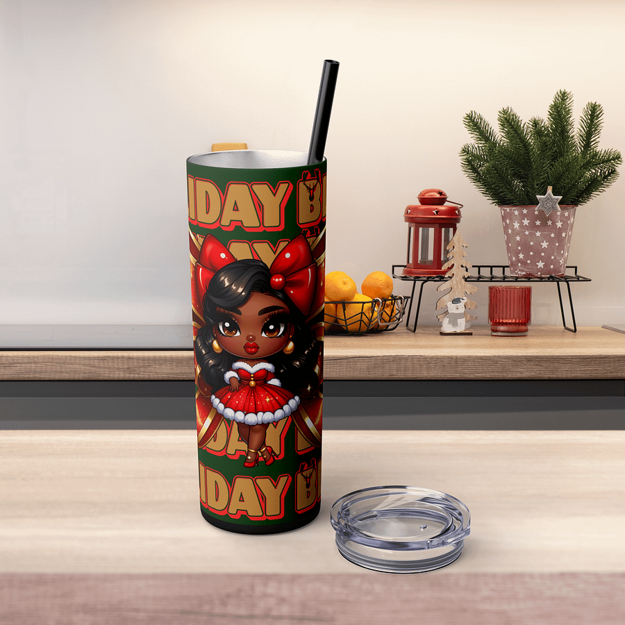 Holiday Bliss Christmas Tumbler Wrap Design, Festive Black Girl Clipart, Christmas Bow Sublimation PNG, Red and Green Holiday Cheer Art product image (5)