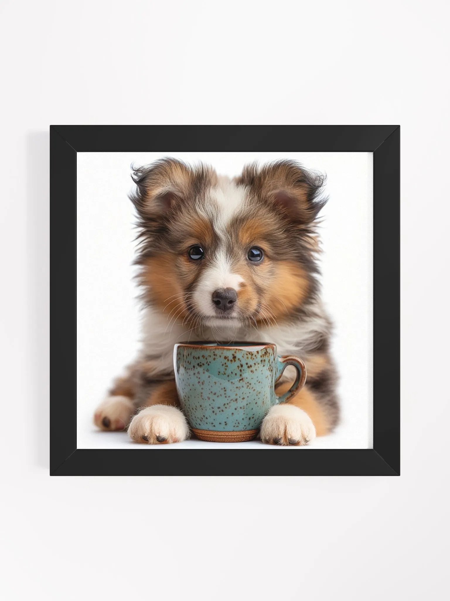 Coffee Lover Cute Shetland Sheepdog Puppy Framed Wall Art product image (1)