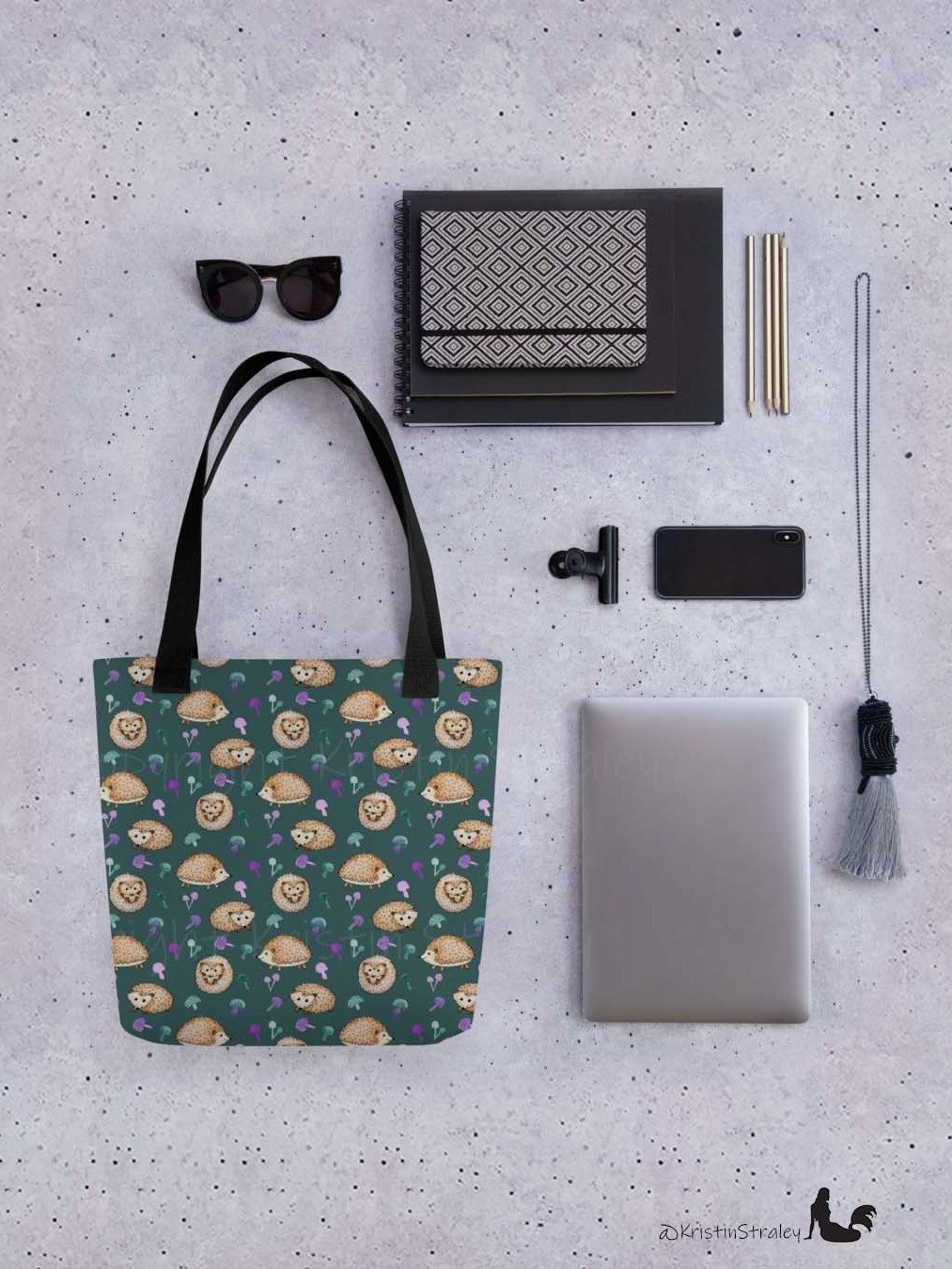 Hedgehogs and Mushrooms on Dark Teal Tote Bag product image (4)