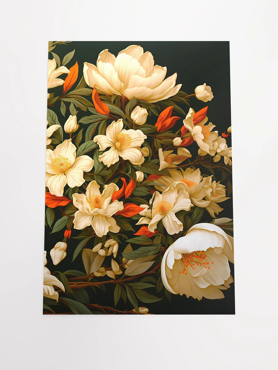 Vintage White Flowers in Bloom Verdant Leaves Dark Background Matte Poster product image (3)