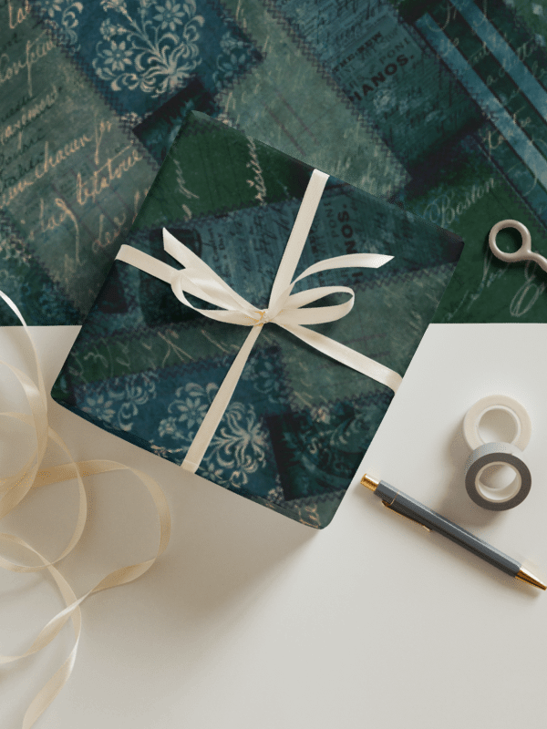 Elegant Vintage Green Blue Script Wrapping Paper product image (7)